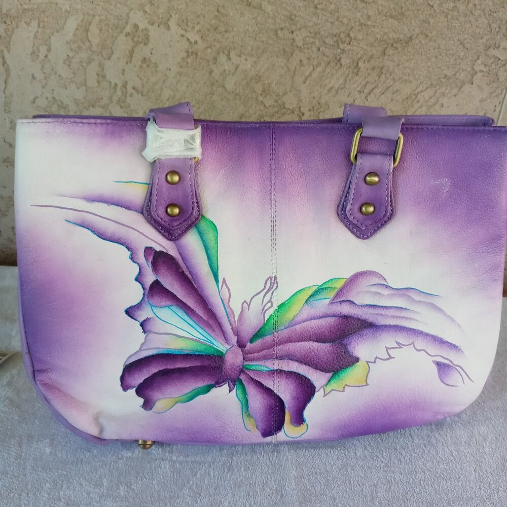 SUKRITI PUERPLE BUTERFFLY HAND PAINTED GENUINE LEATHER SHOULDER TOTE BAG